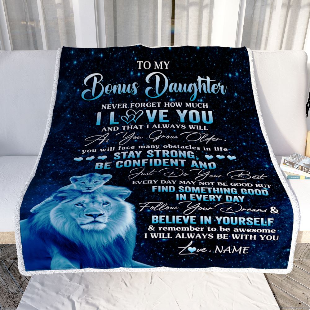 Personalized To My Bonus Daughter I Love You Forever Blanket From Stepdad Lion Stepdaughter Birthday Gifts Graduation Christmas Fleece Throw Blanket | siriusteestore