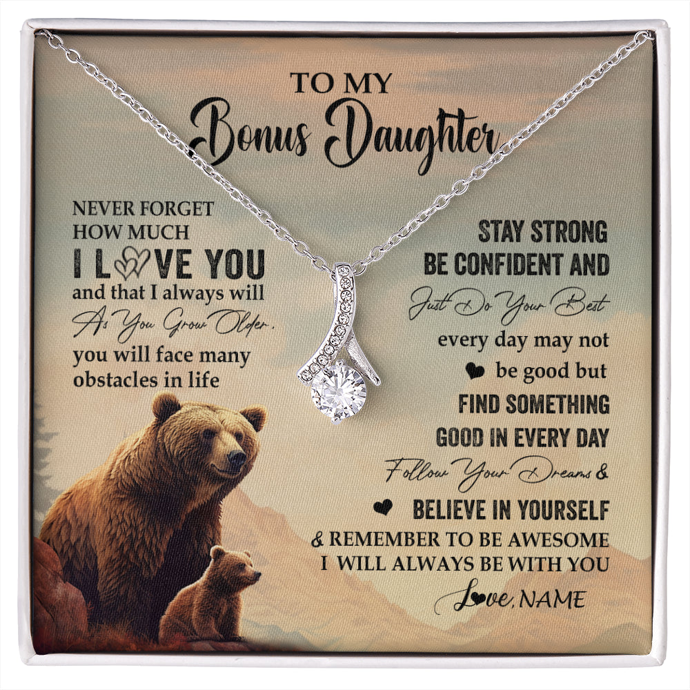 Alluring Beauty Necklace 14K White Gold Finish | 1 | Personalized To My Bonus Daughter I Love You Forever Necklace From Stepdad Mom Bear Stepddaughter Birthday Jewelry Christmas Customized Gift Box Message Card | siriusteestore