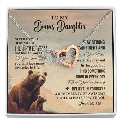 Interlocking Hearts Necklace Stainless Steel & Rose Gold Finish | 1 | Personalized To My Bonus Daughter I Love You Forever Necklace From Stepdad Mom Bear Stepddaughter Birthday Jewelry Christmas Customized Gift Box Message Card | siriusteestore