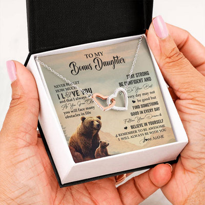 Interlocking Hearts Necklace Stainless Steel & Rose Gold Finish | 2 | Personalized To My Bonus Daughter I Love You Forever Necklace From Stepdad Mom Bear Stepddaughter Birthday Jewelry Christmas Customized Gift Box Message Card | siriusteestore