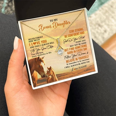 Alluring Beauty Necklace 18K Yellow Gold Finish | 2 | Personalized To My Bonus Daughter I Love You Forever Necklace From Stepmom Dad Horse Stepdaughter Birthday Jewelry Christmas Customized Gift Box Message Card | siriusteestore