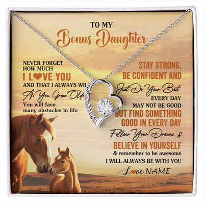 Forever Love Necklace 14K White Gold Finish | 1 | Personalized To My Bonus Daughter I Love You Forever Necklace From Stepmom Dad Horse Stepdaughter Birthday Jewelry Christmas Customized Gift Box Message Card | siriusteestore