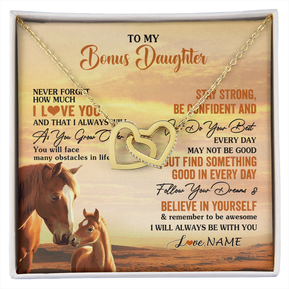 Interlocking Hearts Necklace 18K Yellow Gold Finish | 1 | Personalized To My Bonus Daughter I Love You Forever Necklace From Stepmom Dad Horse Stepdaughter Birthday Jewelry Christmas Customized Gift Box Message Card | siriusteestore