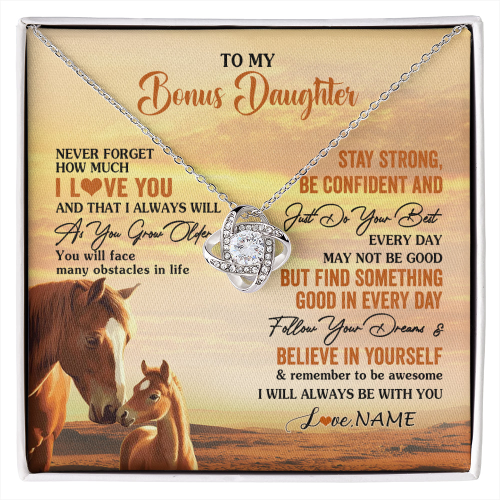 Love Knot Necklace 14K White Gold Finish | 1 | Personalized To My Bonus Daughter I Love You Forever Necklace From Stepmom Dad Horse Stepdaughter Birthday Jewelry Christmas Customized Gift Box Message Card | siriusteestore