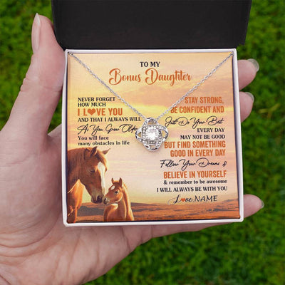 Love Knot Necklace 14K White Gold Finish | 2 | Personalized To My Bonus Daughter I Love You Forever Necklace From Stepmom Dad Horse Stepdaughter Birthday Jewelry Christmas Customized Gift Box Message Card | siriusteestore