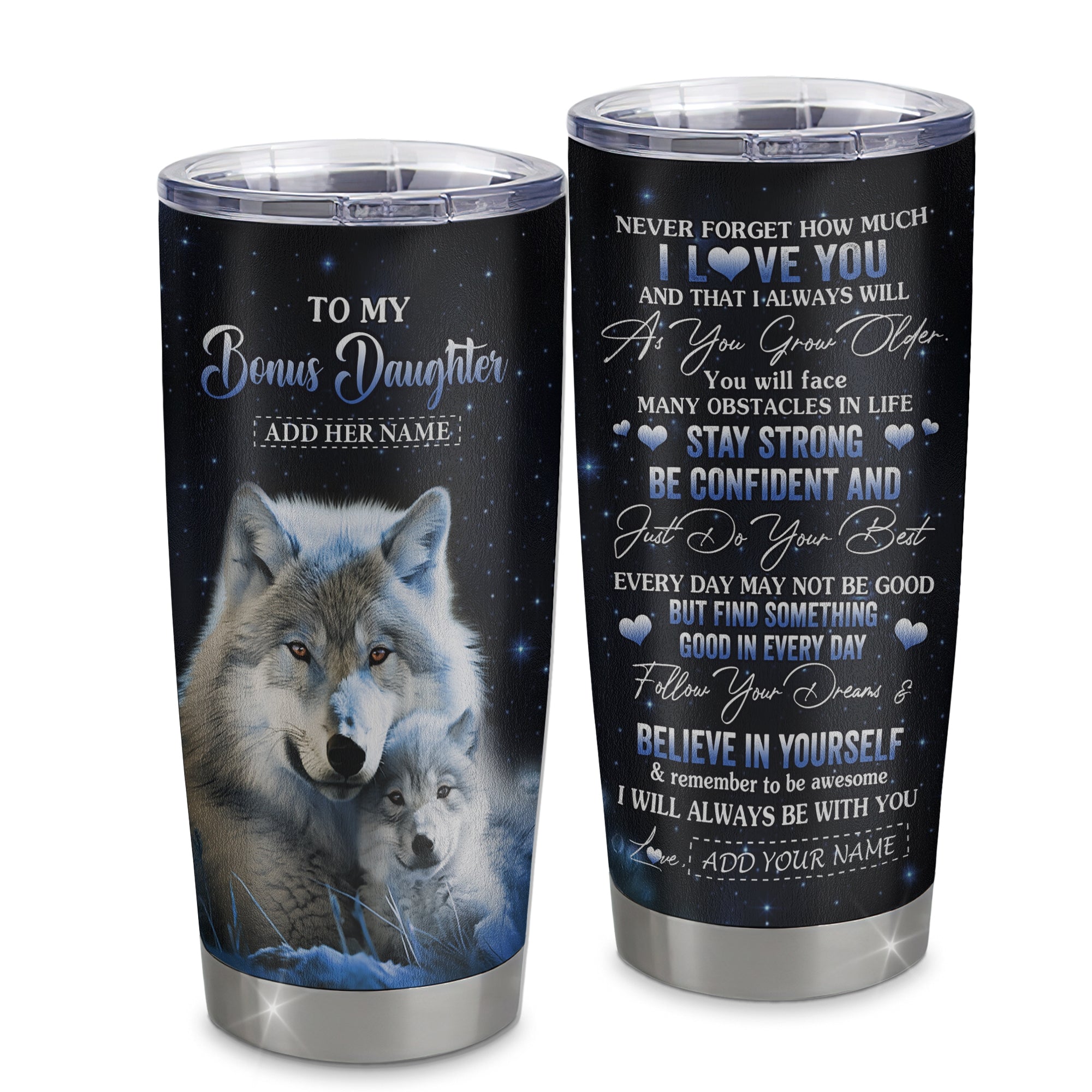 Personalized To My Bonus Daughter I Love You Forever Tumbler From Step Mom Bonus Dad Wolf Stepdaughter Birthday Gifts Graduation Christmas Custom Cup Travel Mug | siriusteestore