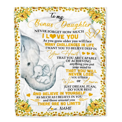 Personalized To My Bonus Daughter I Love You From Stepmom Sunflower Elephant Stepdaughter Birthday Christmas Thanksgiving Graduation Customized Fleece Blanket | siriusteestore