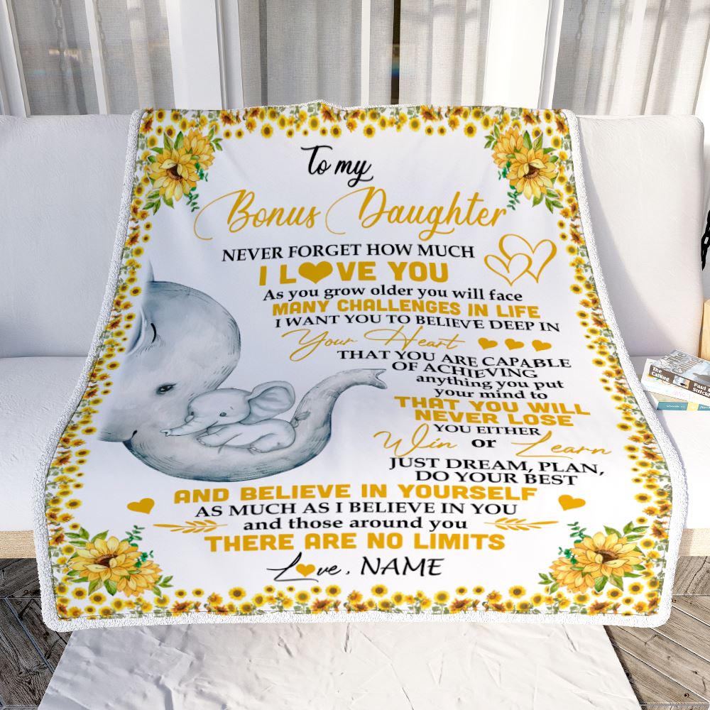 Personalized To My Bonus Daughter I Love You From Stepmom Sunflower Elephant Stepdaughter Birthday Christmas Thanksgiving Graduation Customized Fleece Blanket | siriusteestore