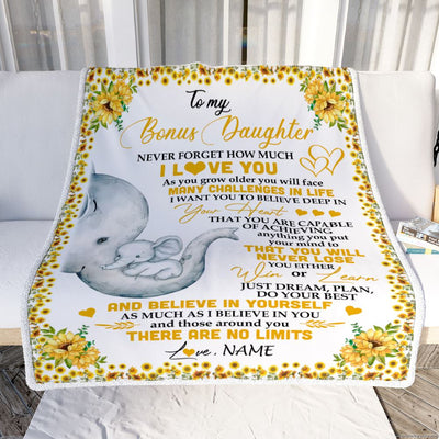 Personalized To My Bonus Daughter I Love You From Stepmom Sunflower Elephant Stepdaughter Birthday Christmas Thanksgiving Graduation Customized Fleece Blanket | siriusteestore