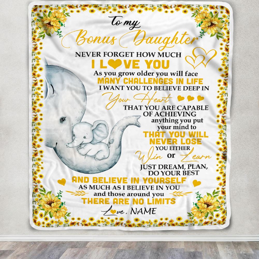 Personalized To My Bonus Daughter I Love You From Stepmom Sunflower Elephant Stepdaughter Birthday Christmas Thanksgiving Graduation Customized Fleece Blanket | siriusteestore