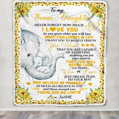 Personalized To My Bonus Daughter I Love You From Stepmom Sunflower Elephant Stepdaughter Birthday Christmas Thanksgiving Graduation Customized Fleece Blanket | siriusteestore