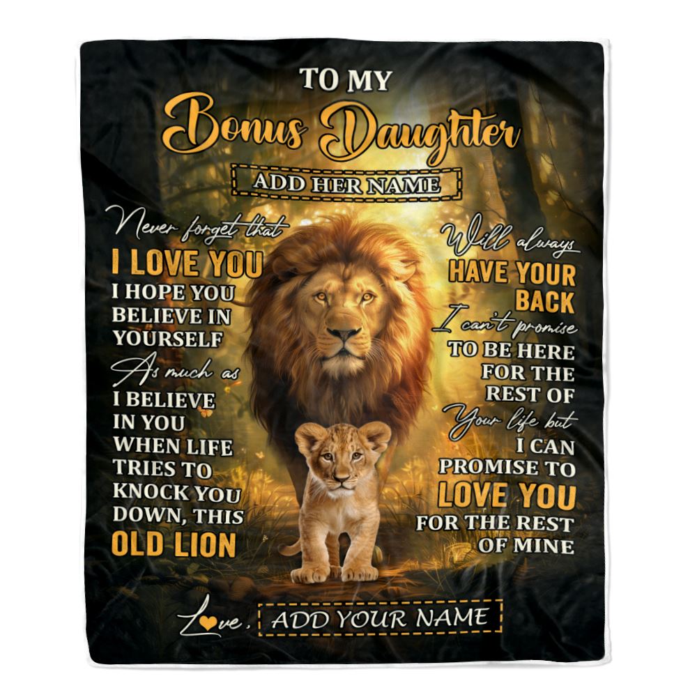 Personalized To My Bonus Daughter Lion Blanket From Stepdad Never Forget That I Love You Stepdaughter Birthday Gifts Christmas Customized Fleece Throw Blanket | siriusteestore