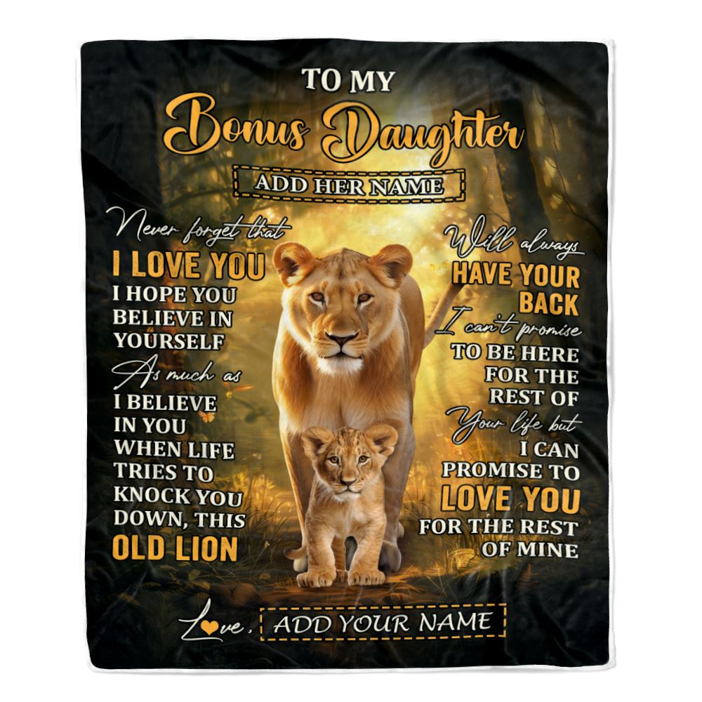 Personalized To My Bonus Daughter Lion Blanket From Stepmom Never Forget That I Love You Stepdaughter Birthday Gifts Christmas Customized Fleece Throw Blanket | siriusteestore