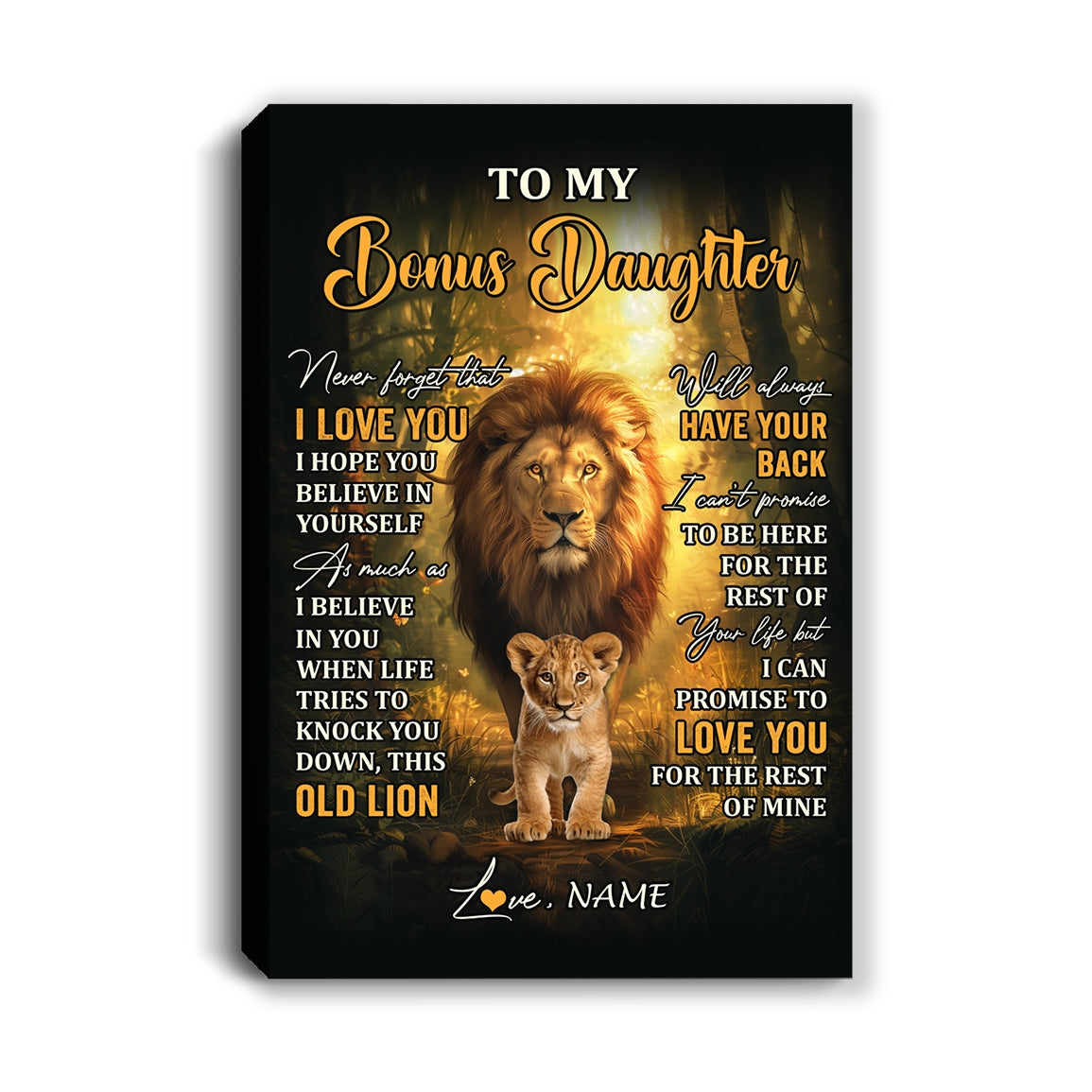 Personalized To My Bonus Daughter Lion Canvas From Stepdad Never Forget That I Love You Stepdaughter Birthday Graduation Christmas Custom Wall Art Print Framed Canvas | siriusteestore