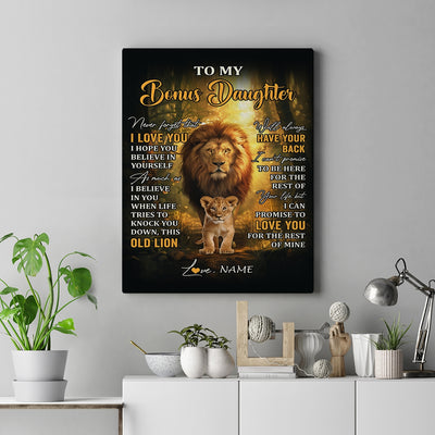 Personalized To My Bonus Daughter Lion Canvas From Stepdad Never Forget That I Love You Stepdaughter Birthday Graduation Christmas Custom Wall Art Print Framed Canvas | siriusteestore