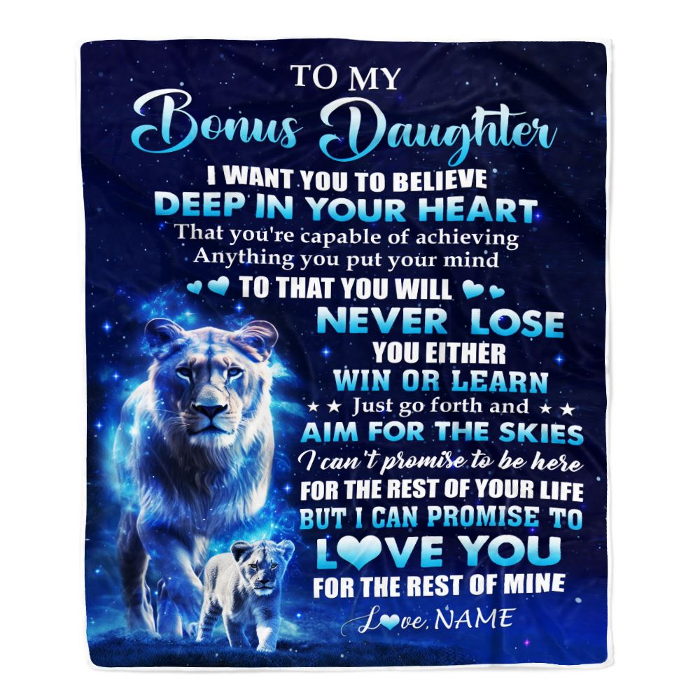 Personalized To My Bonus Daughter Lion From Stepmother Blanket Believe Your Heart Stepdaughter Gift Birthday Graduation Christmas Customized Fleece Blanket | siriusteestore