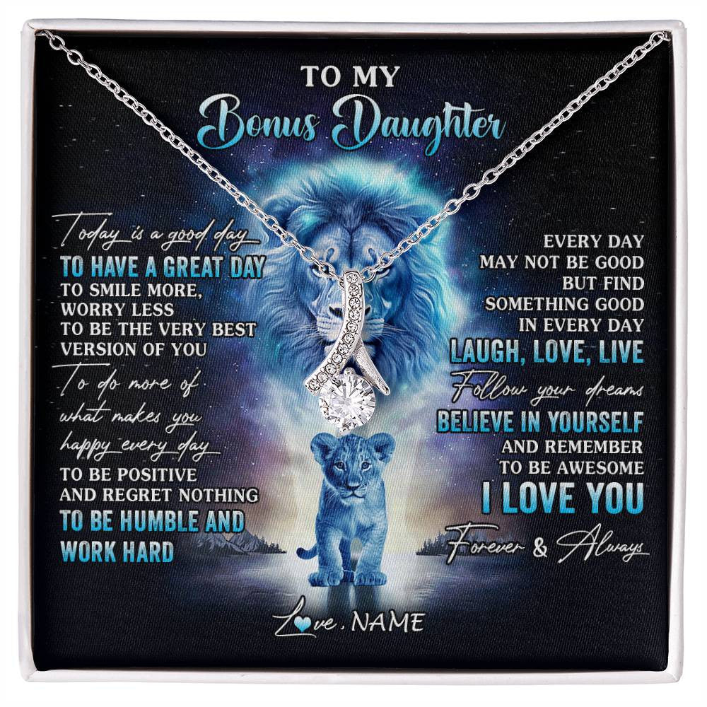 Alluring Beauty Necklace 14K White Gold Finish | 1 | Personalized To My Bonus Daughter Lion Necklace From Stepdad Every Day Laugh Love Live Stepdaughter Birthday Christmas Customized Gift Box Message Card | siriusteestore