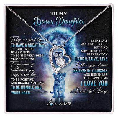 Forever Love Necklace 14K White Gold Finish | 1 | Personalized To My Bonus Daughter Lion Necklace From Stepdad Every Day Laugh Love Live Stepdaughter Birthday Christmas Customized Gift Box Message Card | siriusteestore
