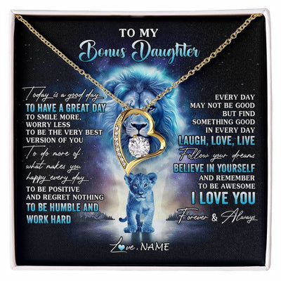 Forever Love Necklace 18K Yellow Gold Finish | 1 | Personalized To My Bonus Daughter Lion Necklace From Stepdad Every Day Laugh Love Live Stepdaughter Birthday Christmas Customized Gift Box Message Card | siriusteestore