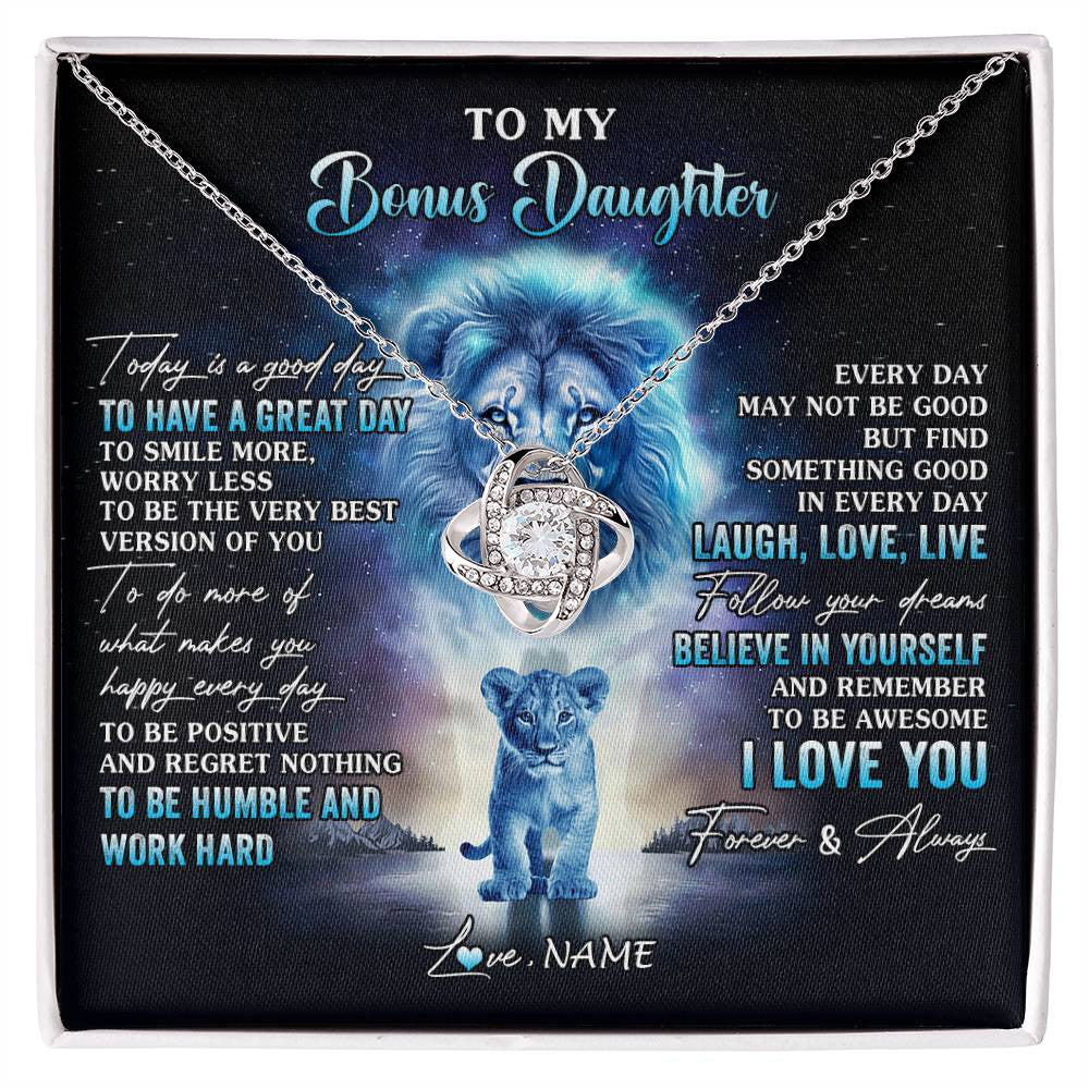 Love Knot Necklace 14K White Gold Finish | 1 | Personalized To My Bonus Daughter Lion Necklace From Stepdad Every Day Laugh Love Live Stepdaughter Birthday Christmas Customized Gift Box Message Card | siriusteestore