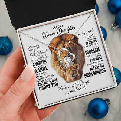 Forever Love Necklace 14K White Gold Finish | 2 | Personalized To My Bonus Daughter Lion Necklace From Stepdad I Closed My Eyes Great Stepdaughter Birthday Gifts Christmas Customized Gift Box Message Card | siriusteestore