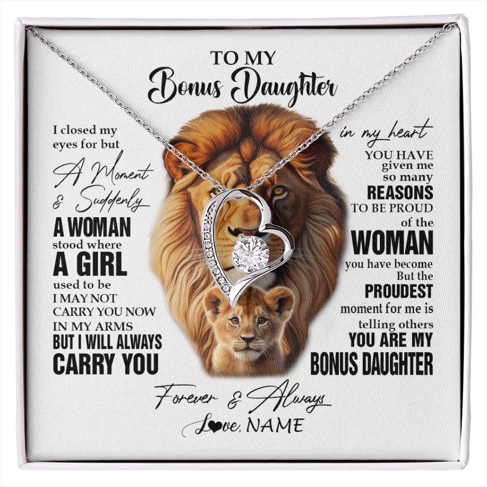 Forever Love Necklace 14K White Gold Finish | 1 | Personalized To My Bonus Daughter Lion Necklace From Stepdad I Closed My Eyes Great Stepdaughter Birthday Gifts Christmas Customized Gift Box Message Card | siriusteestore