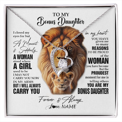 Forever Love Necklace 14K White Gold Finish | 1 | Personalized To My Bonus Daughter Lion Necklace From Stepdad I Closed My Eyes Great Stepdaughter Birthday Gifts Christmas Customized Gift Box Message Card | siriusteestore