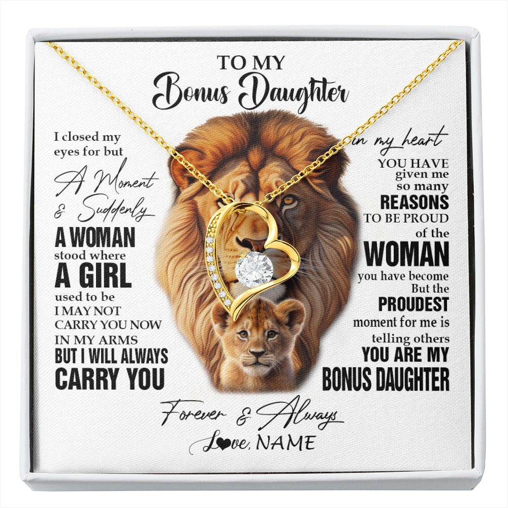 Forever Love Necklace 18K Yellow Gold Finish | 1 | Personalized To My Bonus Daughter Lion Necklace From Stepdad I Closed My Eyes Great Stepdaughter Birthday Gifts Christmas Customized Gift Box Message Card | siriusteestore