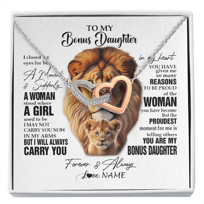 Interlocking Hearts Necklace Stainless Steel & Rose Gold Finish | 1 | Personalized To My Bonus Daughter Lion Necklace From Stepdad I Closed My Eyes Great Stepdaughter Birthday Gifts Christmas Customized Gift Box Message Card | siriusteestore