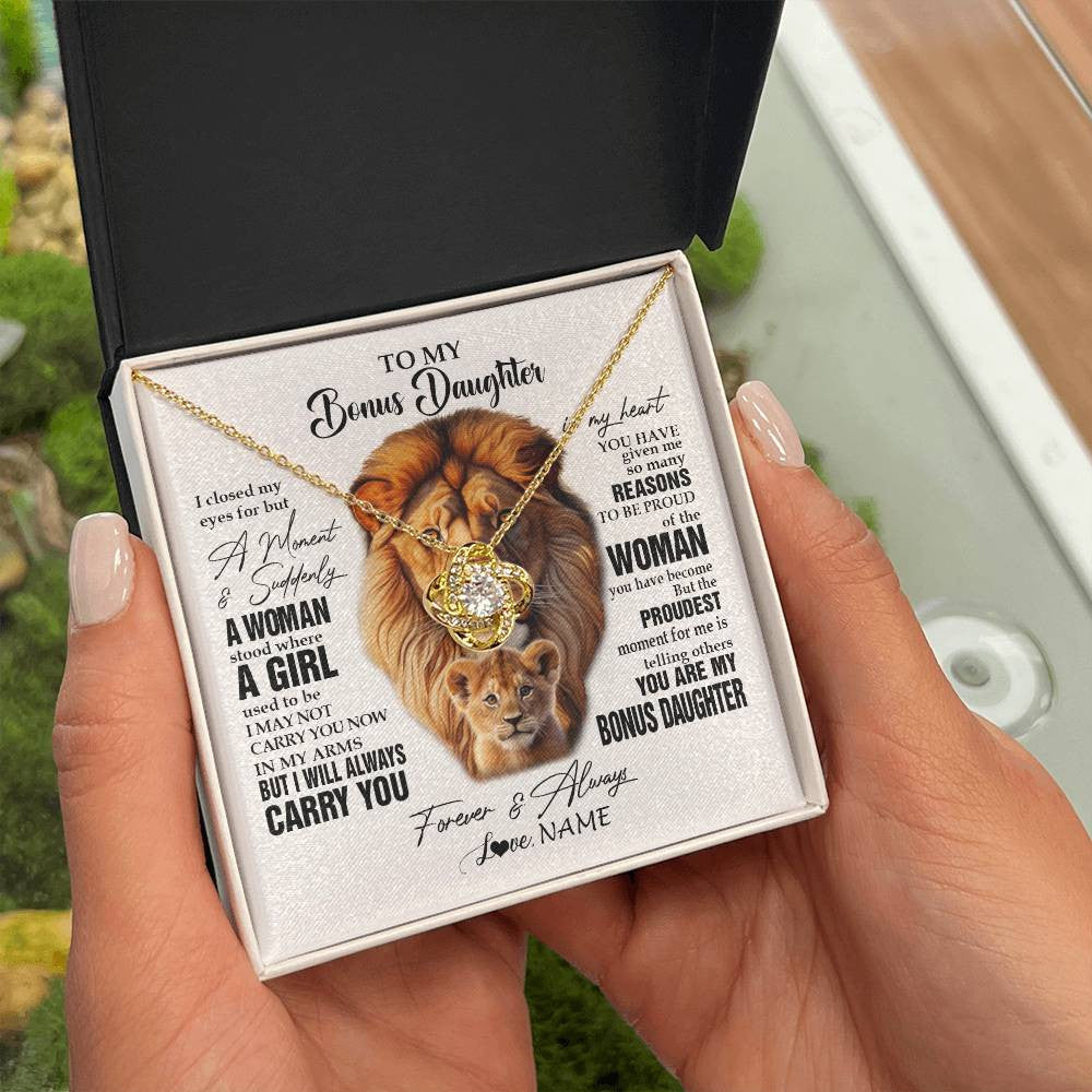 Love Knot Necklace 18K Yellow Gold Finish | 2 | Personalized To My Bonus Daughter Lion Necklace From Stepdad I Closed My Eyes Great Stepdaughter Birthday Gifts Christmas Customized Gift Box Message Card | siriusteestore