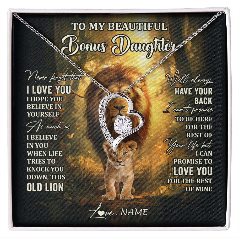 Forever Love Necklace 14K White Gold Finish | 1 | Personalized To My Bonus Daughter Lion Necklace From Stepdad Never Forget That I Love You Stepdaughter Birthday Christmas Customized Gift Box Message Card | siriusteestore