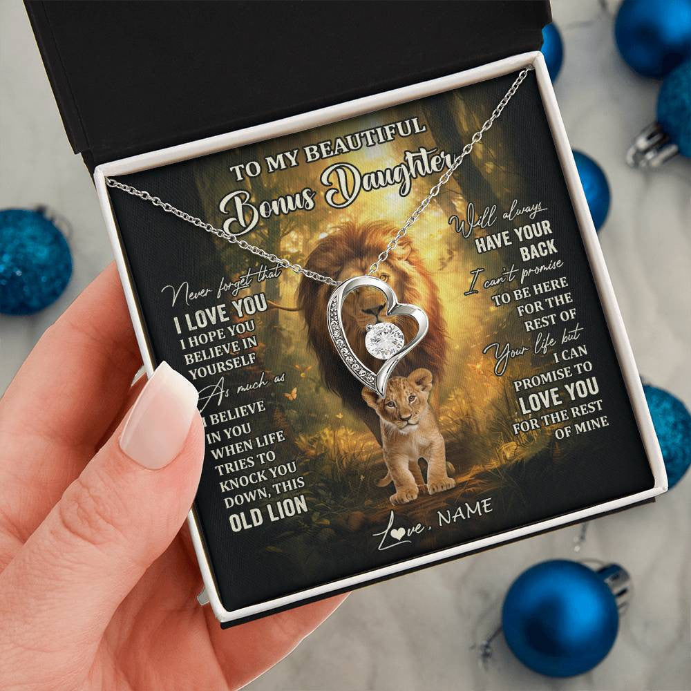 Forever Love Necklace 14K White Gold Finish | 2 | Personalized To My Bonus Daughter Lion Necklace From Stepdad Never Forget That I Love You Stepdaughter Birthday Christmas Customized Gift Box Message Card | siriusteestore