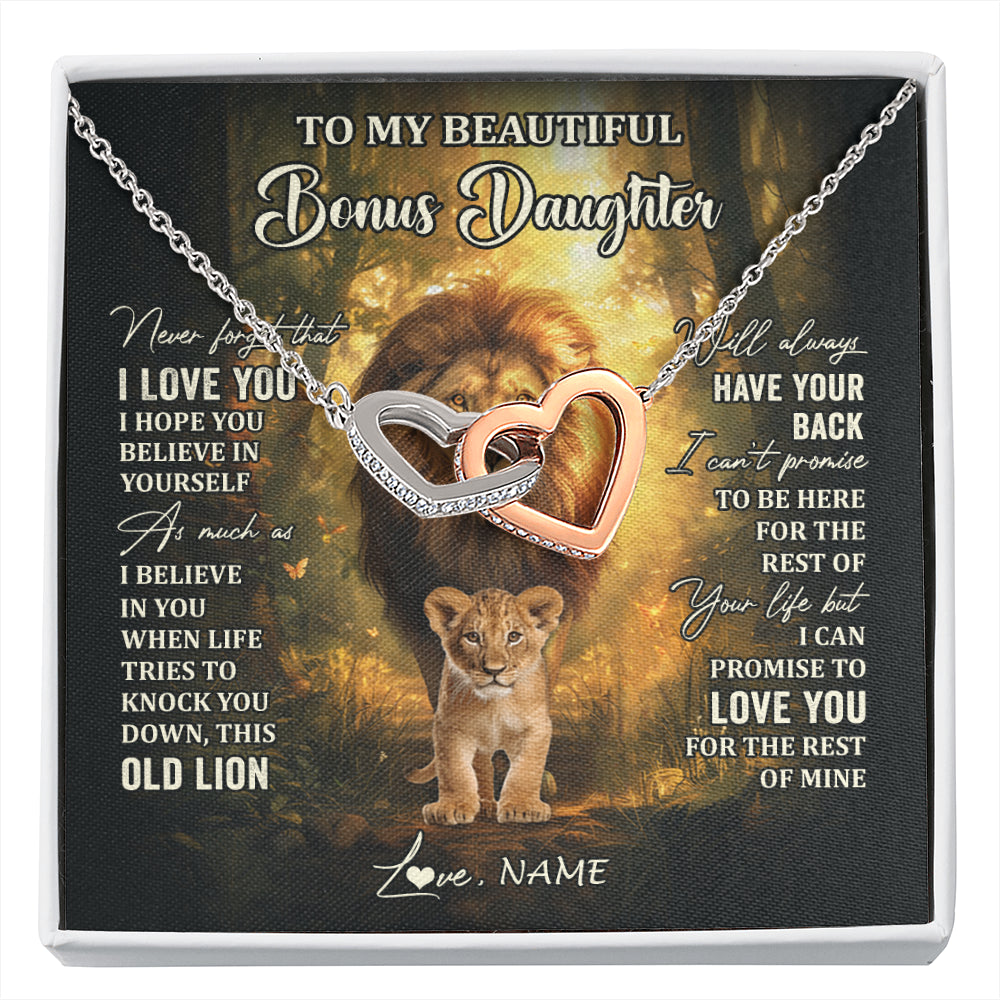 Interlocking Hearts Necklace Stainless Steel & Rose Gold Finish | 1 | Personalized To My Bonus Daughter Lion Necklace From Stepdad Never Forget That I Love You Stepdaughter Birthday Christmas Customized Gift Box Message Card | siriusteestore