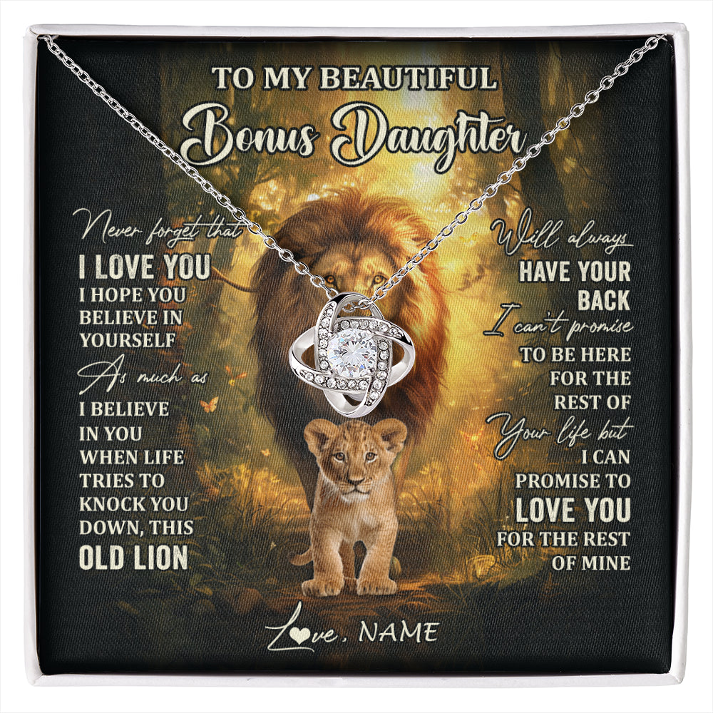 Love Knot Necklace 14K White Gold Finish | 1 | Personalized To My Bonus Daughter Lion Necklace From Stepdad Never Forget That I Love You Stepdaughter Birthday Christmas Customized Gift Box Message Card | siriusteestore