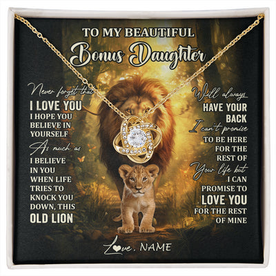 Love Knot Necklace 18K Yellow Gold Finish | 1 | Personalized To My Bonus Daughter Lion Necklace From Stepdad Never Forget That I Love You Stepdaughter Birthday Christmas Customized Gift Box Message Card | siriusteestore