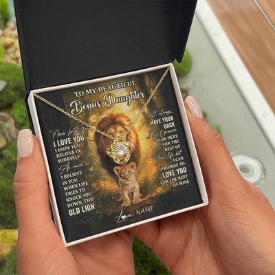 Love Knot Necklace 18K Yellow Gold Finish | 2 | Personalized To My Bonus Daughter Lion Necklace From Stepdad Never Forget That I Love You Stepdaughter Birthday Christmas Customized Gift Box Message Card | siriusteestore
