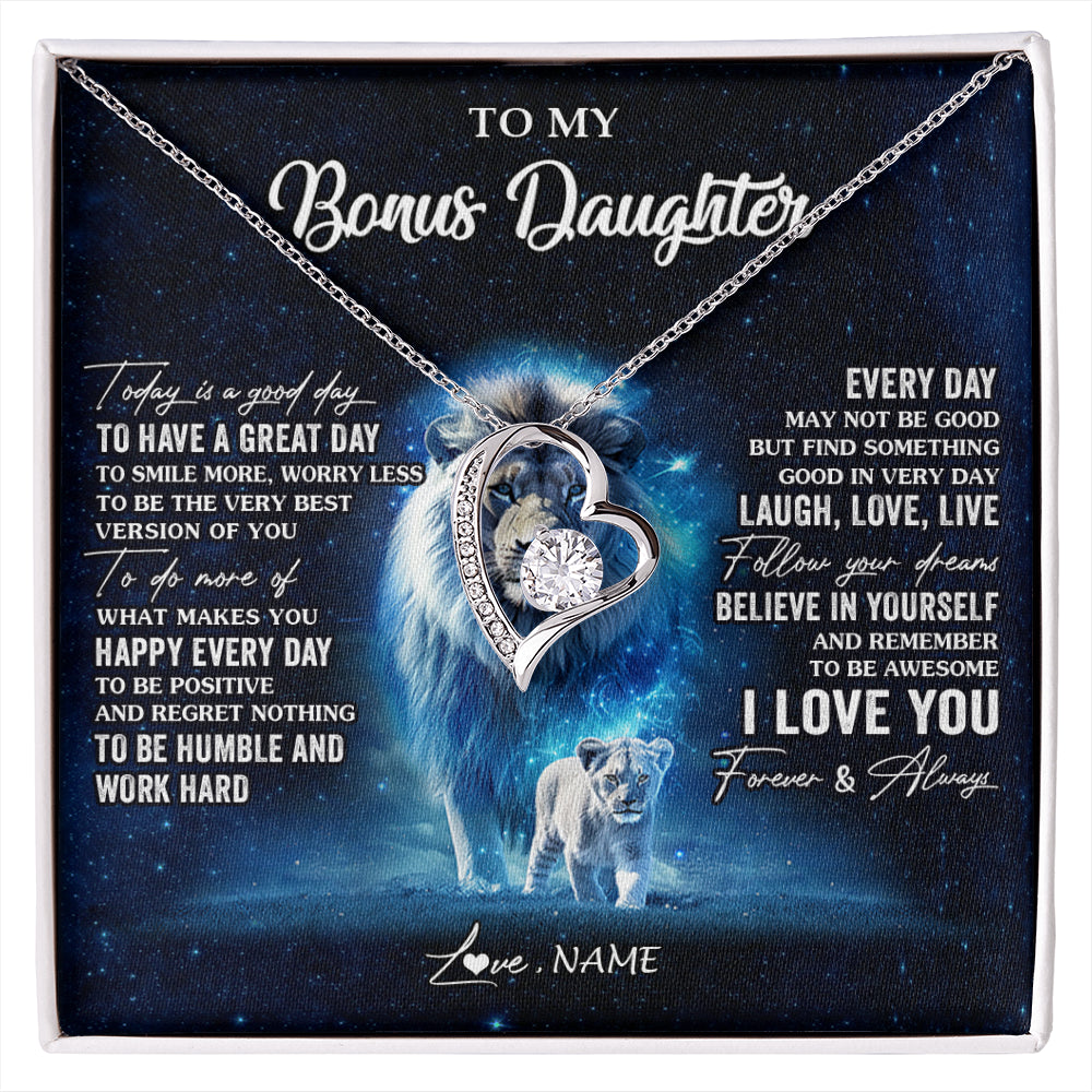 Forever Love Necklace 14K White Gold Finish | 1 | Personalized To My Bonus Daughter Lion Necklace From Stepdad Today Is A Good Day Stepdaughter Gifts Birthday Jewelry Christmas Customized Gift Box Message Card | siriusteestore