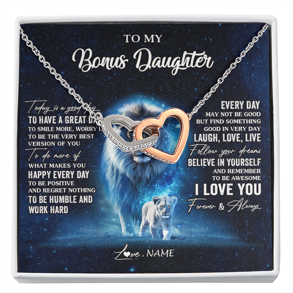 Interlocking Hearts Necklace Stainless Steel & Rose Gold Finish | 1 | Personalized To My Bonus Daughter Lion Necklace From Stepdad Today Is A Good Day Stepdaughter Gifts Birthday Jewelry Christmas Customized Gift Box Message Card | siriusteestore