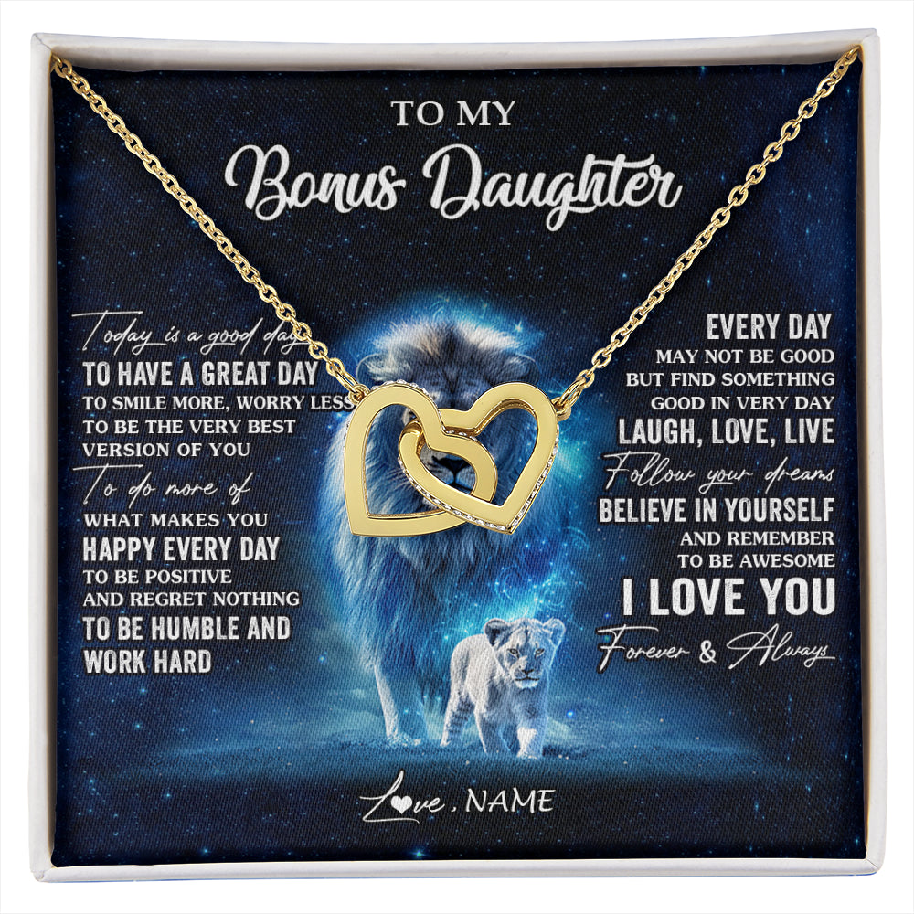 Interlocking Hearts Necklace 18K Yellow Gold Finish | 1 | Personalized To My Bonus Daughter Lion Necklace From Stepdad Today Is A Good Day Stepdaughter Gifts Birthday Jewelry Christmas Customized Gift Box Message Card | siriusteestore