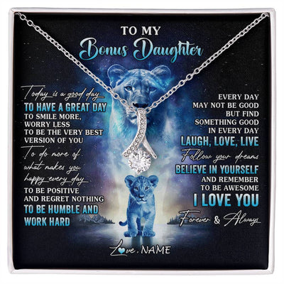 Alluring Beauty Necklace 14K White Gold Finish | 1 | Personalized To My Bonus Daughter Lion Necklace From Stepmom Every Day Laugh Love Live Stepdaughter Birthday Christmas Customized Gift Box Message Card | siriusteestore