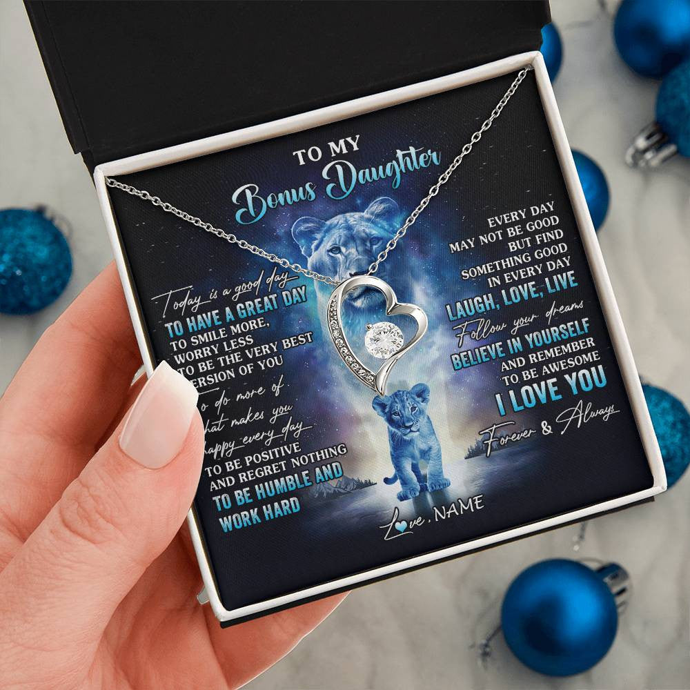 Forever Love Necklace 14K White Gold Finish | 2 | Personalized To My Bonus Daughter Lion Necklace From Stepmom Every Day Laugh Love Live Stepdaughter Birthday Christmas Customized Gift Box Message Card | siriusteestore