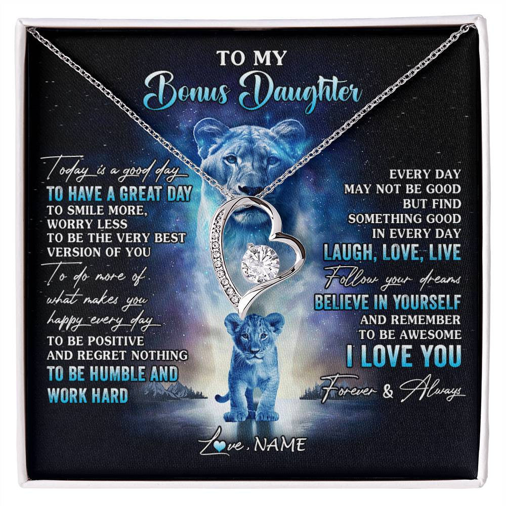 Forever Love Necklace 14K White Gold Finish | 1 | Personalized To My Bonus Daughter Lion Necklace From Stepmom Every Day Laugh Love Live Stepdaughter Birthday Christmas Customized Gift Box Message Card | siriusteestore