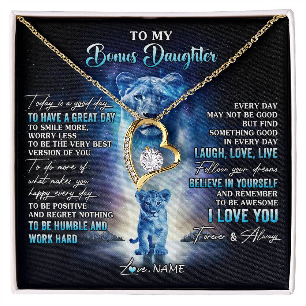 Forever Love Necklace 18K Yellow Gold Finish | 1 | Personalized To My Bonus Daughter Lion Necklace From Stepmom Every Day Laugh Love Live Stepdaughter Birthday Christmas Customized Gift Box Message Card | siriusteestore