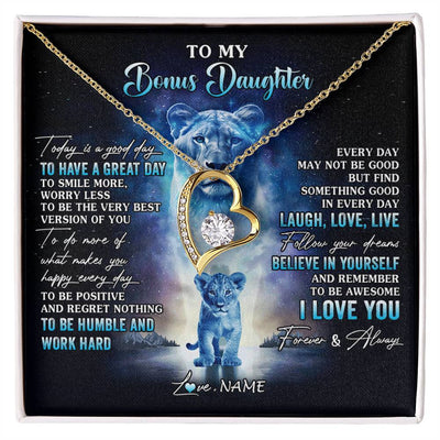 Forever Love Necklace 18K Yellow Gold Finish | 1 | Personalized To My Bonus Daughter Lion Necklace From Stepmom Every Day Laugh Love Live Stepdaughter Birthday Christmas Customized Gift Box Message Card | siriusteestore