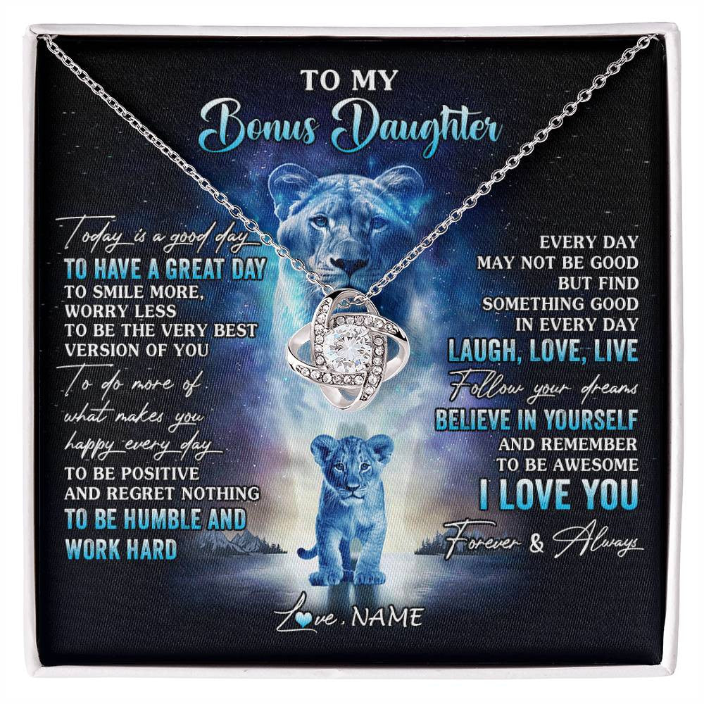 Love Knot Necklace 14K White Gold Finish | 1 | Personalized To My Bonus Daughter Lion Necklace From Stepmom Every Day Laugh Love Live Stepdaughter Birthday Christmas Customized Gift Box Message Card | siriusteestore