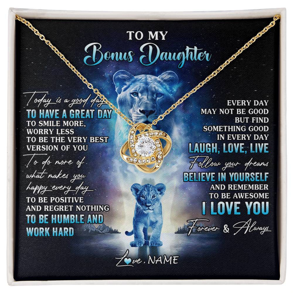 Love Knot Necklace 18K Yellow Gold Finish | 1 | Personalized To My Bonus Daughter Lion Necklace From Stepmom Every Day Laugh Love Live Stepdaughter Birthday Christmas Customized Gift Box Message Card | siriusteestore