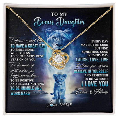 Love Knot Necklace 18K Yellow Gold Finish | 1 | Personalized To My Bonus Daughter Lion Necklace From Stepmom Every Day Laugh Love Live Stepdaughter Birthday Christmas Customized Gift Box Message Card | siriusteestore