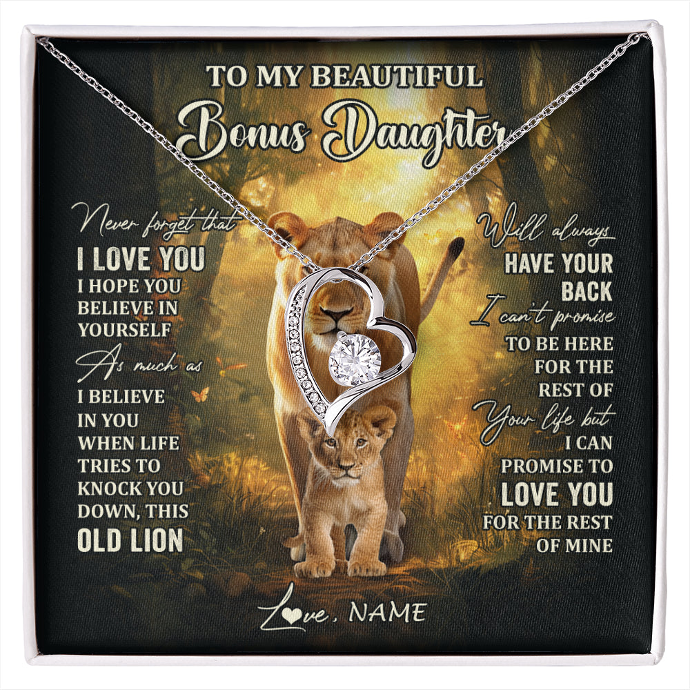 Forever Love Necklace 14K White Gold Finish | 1 | Personalized To My Bonus Daughter Lion Necklace From Stepmom Never Forget That I Love You Stepdaughter Birthday Christmas Customized Gift Box Message Card | siriusteestore