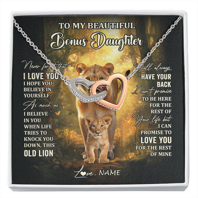 Interlocking Hearts Necklace Stainless Steel & Rose Gold Finish | 1 | Personalized To My Bonus Daughter Lion Necklace From Stepmom Never Forget That I Love You Stepdaughter Birthday Christmas Customized Gift Box Message Card | siriusteestore