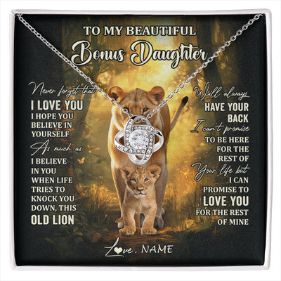 Love Knot Necklace 14K White Gold Finish | 1 | Personalized To My Bonus Daughter Lion Necklace From Stepmom Never Forget That I Love You Stepdaughter Birthday Christmas Customized Gift Box Message Card | siriusteestore